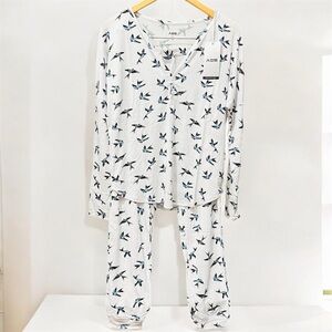 AQS 2-Piece Bird-Print Shirt & Pants Pajama Set NEW